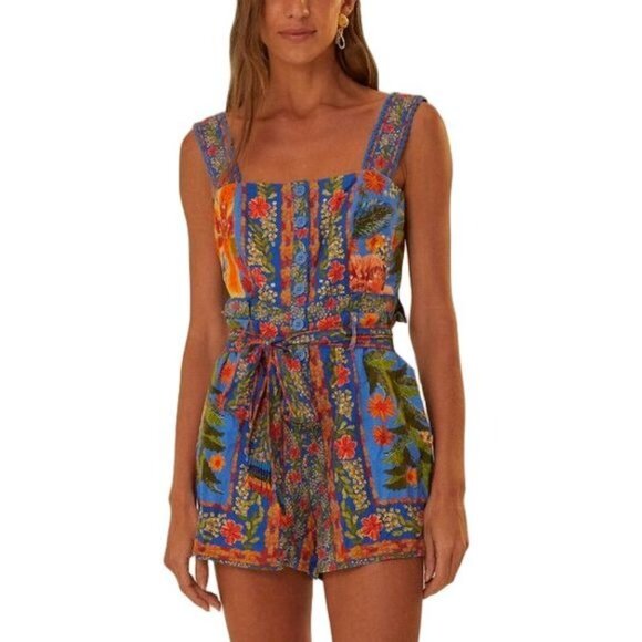 NWT FARM RIO Stitched Garden Blue Floral Romper Tropical Beaded Tie Size XXS - Picture 1 of 11